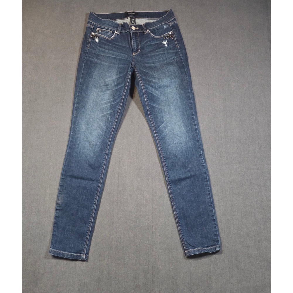 White House Black Market Skinny Leg Jeans Womens 4R Blue Embellished Distressed
